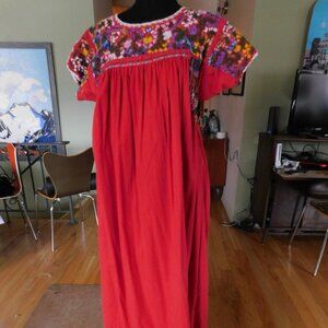 Vintage Mexican Red Cotton Embroidered Maxi Dress XL